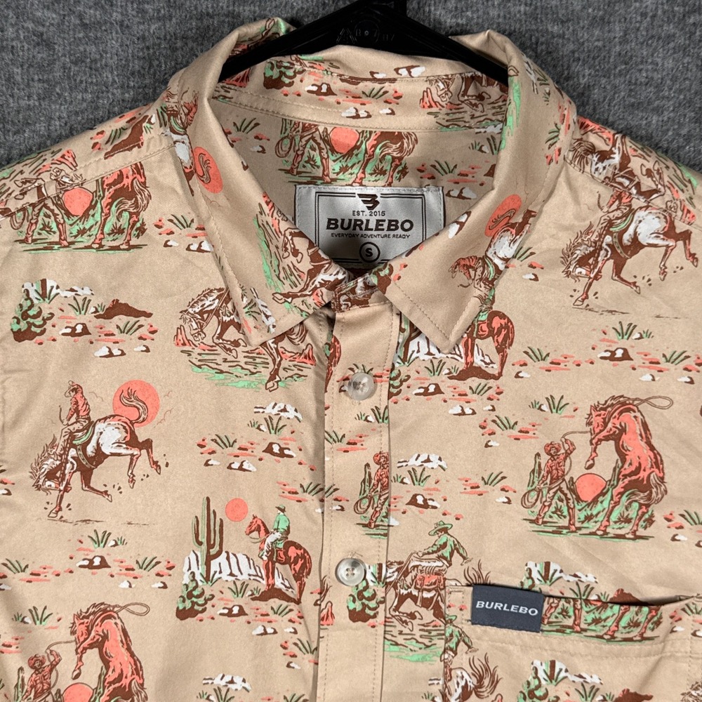Burlebo Shirt Mens Small Tan Western Cowboy Rodeo All Over Desert Performance